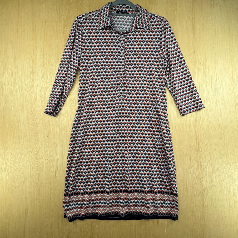 Max Edition Women Geometric Diamond Print 3/4 Sleeve Shirt Dress Navy Red Large